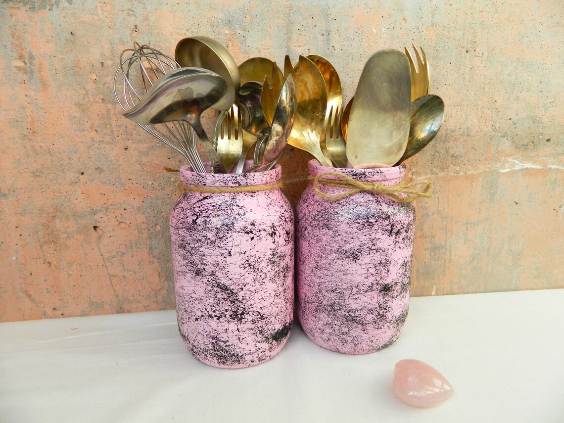 Pink Utensil Holder Painted Kitchen Storage Jar Marble Hand Etsy