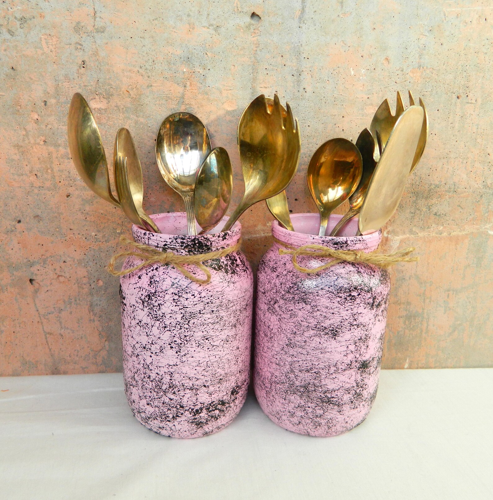 Pink Utensil Holder Painted Kitchen Storage Jar Marble Hand Painted