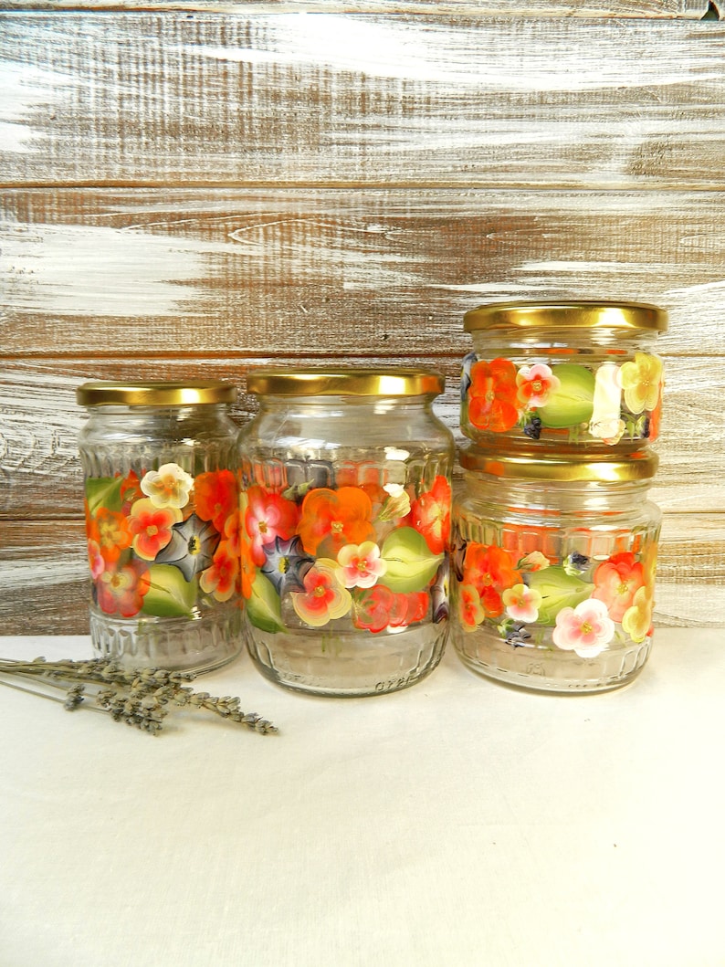 Colorful kitchen canisters set of 4 Glass cookie jar Hand | Etsy