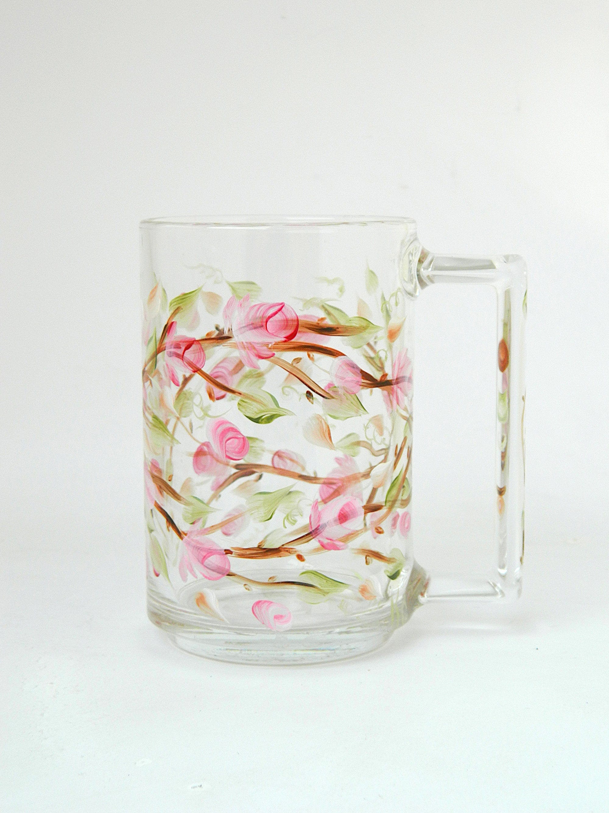 Pink Rose Hand Painted Flower Glass Mug Birthday Glassware Colorful