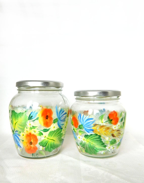 Colorful Kitchen Canisters Set of 4 Glass Cookie Jar Hand Painted Jars Eco  Friendly Storage Jars With Screw on Lid Flour Sugar Coffee Jars 