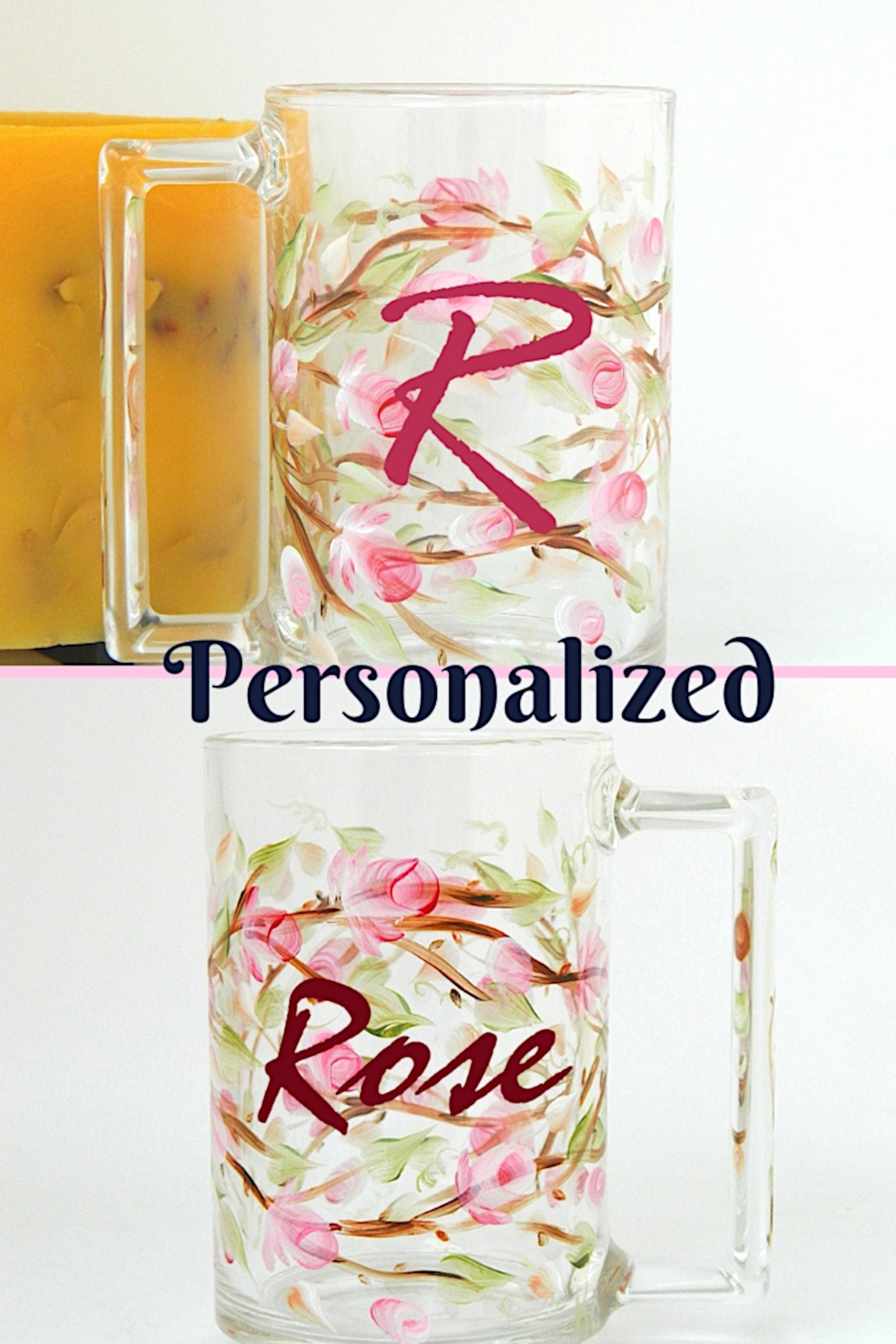Pink Rose Hand Painted Flower Glass Mug Birthday Glassware Colorful