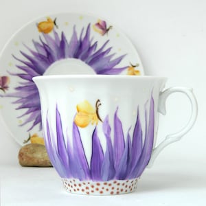 Purple Tea Set Women-Violet Teacup and Saucer porcelain- Butterflies and Flowers Mug- Hand Painted Teacup- Customized tea cup