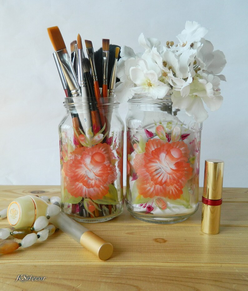 Makeup brush holder Roses painted glass jars Make up brush jar Etsy
