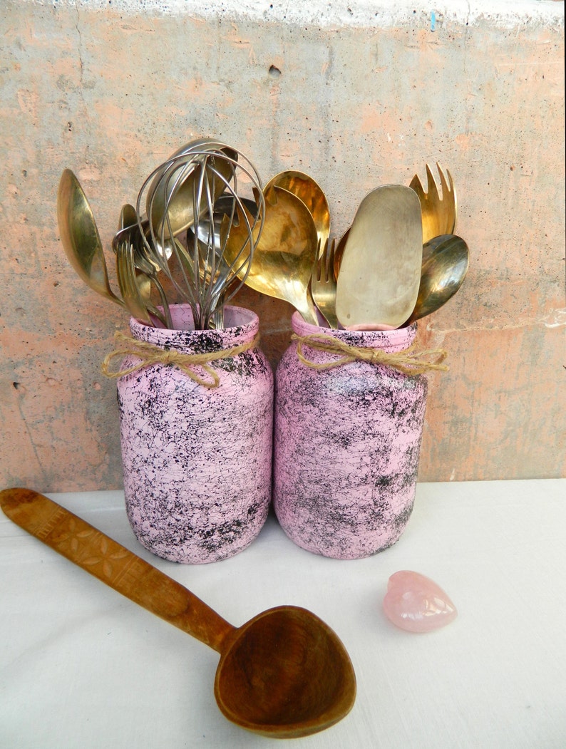 Pink Utensil Holder Painted Kitchen Storage Jar Marble Hand Painted
