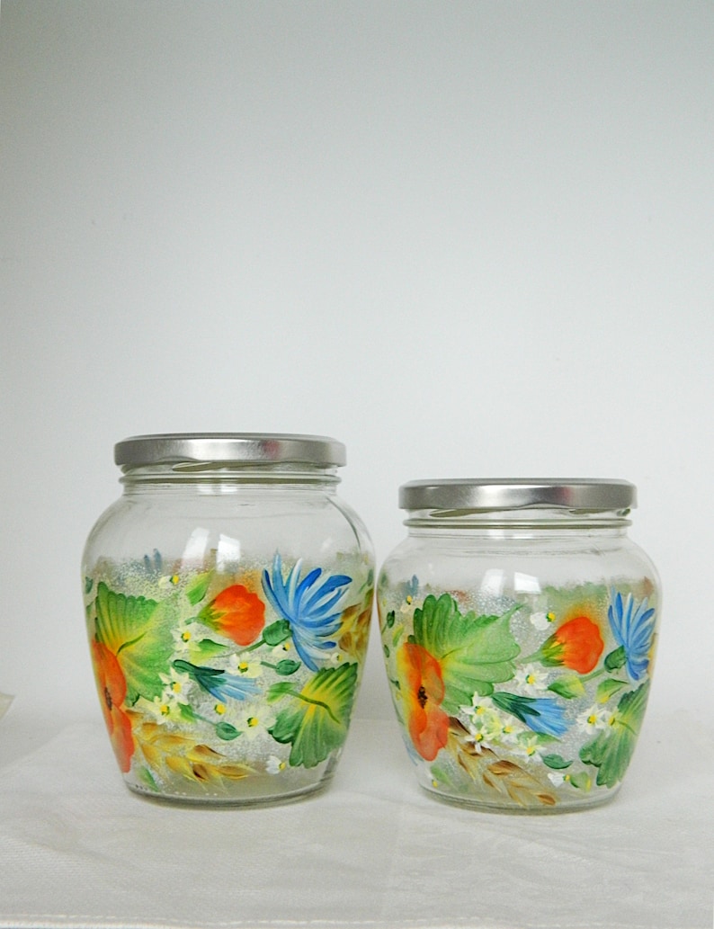 California Poppy Kitchen Canister Set. Daisy Glass Cookie Jar. Hand