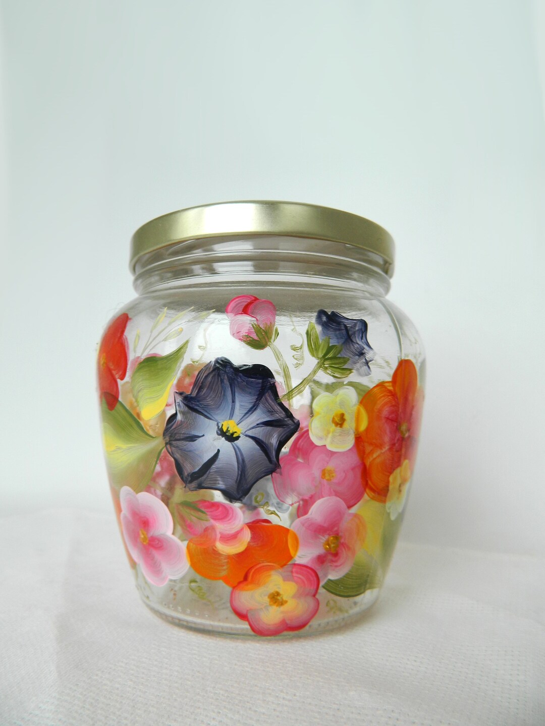 Glass Jar With Lid, Decorative Glass Container, Red Blue Yellow Flowers Jar,  Hand Painted Jar, Kitchen Container, Multicolor Flowers Jar 