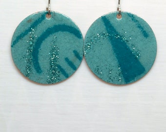 Round Enamel Earrings  /Shades of turquoise /  Sparkle of the sea / Copper base / Statement Earrings / Gift for Her