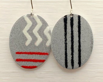 Bold oval enamel earrings/ Striking 'mismatch' design / Grey, Red and White  / Statement Earrings / Aluminium Base / Presented in gift box