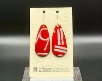 Enamel dropped oval earrings  / Red & white abstract design / Contemporary Abstract Earrings / Copper Base / Presented in gift box