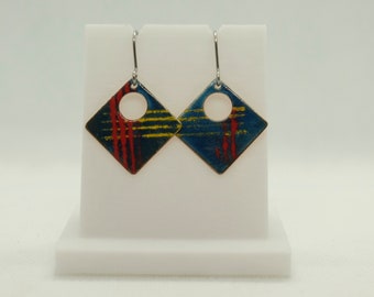 Enamel Earrings  / Translucent blue, red and yellow /  Contemporary Geometric Earrings / Square shape / Copper Base / Gift for Her