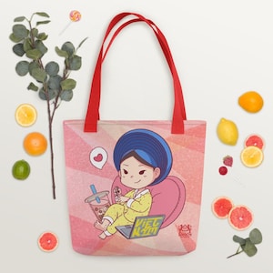 Chilling Manicure Empress Tote Bag | Asian Queen Princess, Boba Milk Tea, Nail Filing Art, Kawaii Female Character, Shopping Woman Handbag