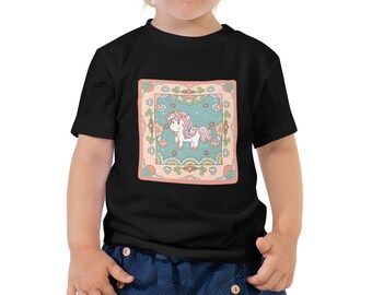 Cute Unicorn Mandarin Square Toddler Short Sleeve Tee | Cute Unicorn, Asian Pattern Shirt, Adorable Creature Graphic Top, Little Kid Clothes