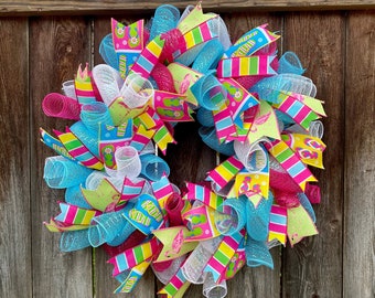 Summer 2024 Wreath / Pink Blue Green Wreath / Flip Flop and Flamingos / Bright Colored Wreath