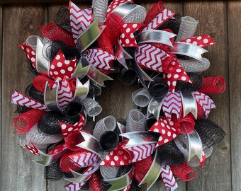 Red Silver and Black Wreath / Red Polka Dot Wreath / Red Black Wreath / Red Silver Black Decor / School Colors / HolidayRounds