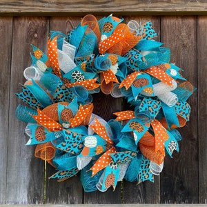 Teal and Orange Fall Wreath / Teal Wreath / Leopard Pumpkins and Teal / Fall Decor / Fall Wreath