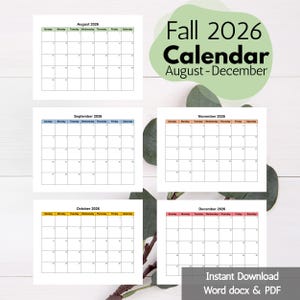 May include: A printable 2026 calendar set featuring monthly grids for August through December. Each month is displayed on a separate white page with a coloured header bar. The text Fall 2026 Calendar August-December and Instant Download Word docx & PDF appears.