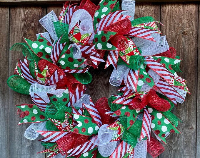 Christmas Wreath / Red White and Green Wreath / Holiday Wreath ...