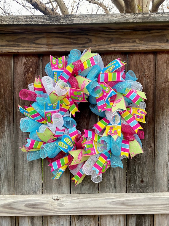 Summer Wreath Pink Blue Green Flip Flops and Flamingos Bright Colored Wreath