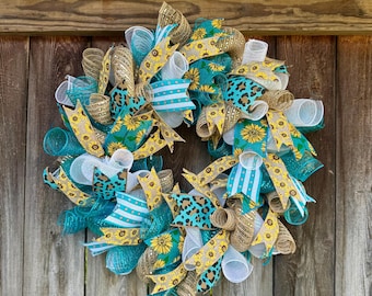 Teal Sunflower Wreath: Fall Decor, Leopard Ribbon, Gift for Mom