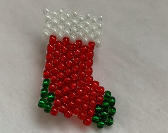 Christmas brooch Christmas pin beaded brooch Stocking shaped brooch white beads red beads green beads Christmas jewellery Christmas stocking