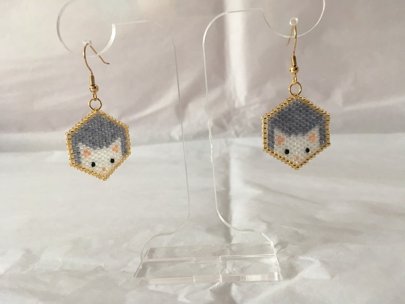 Beaded Earrings Cat Earrings Hexagon Shaped Earrings White Cat Etsy