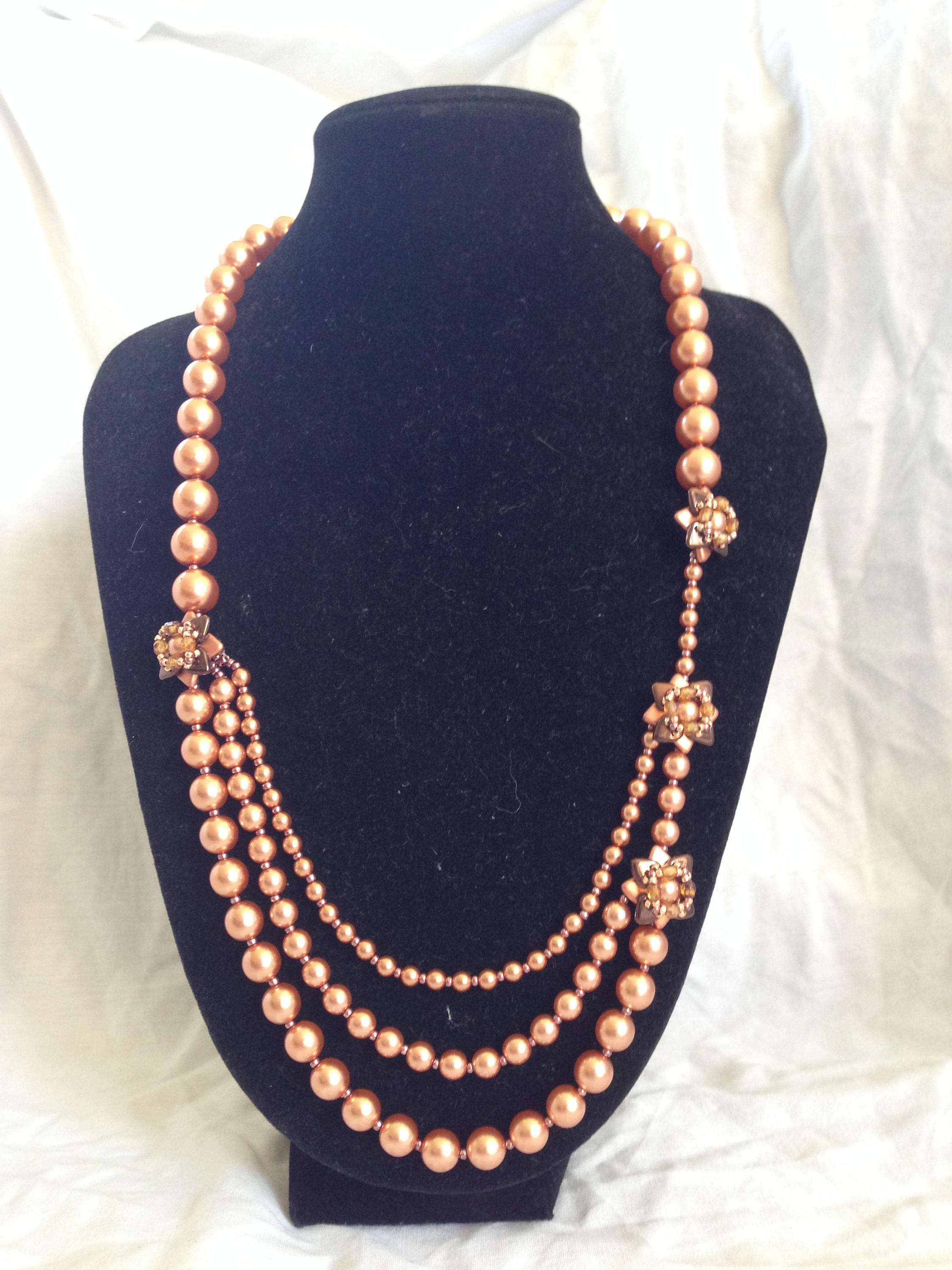 Beaded Necklace Pearls and Beaded Flowers Bronze Coloured Etsy UK