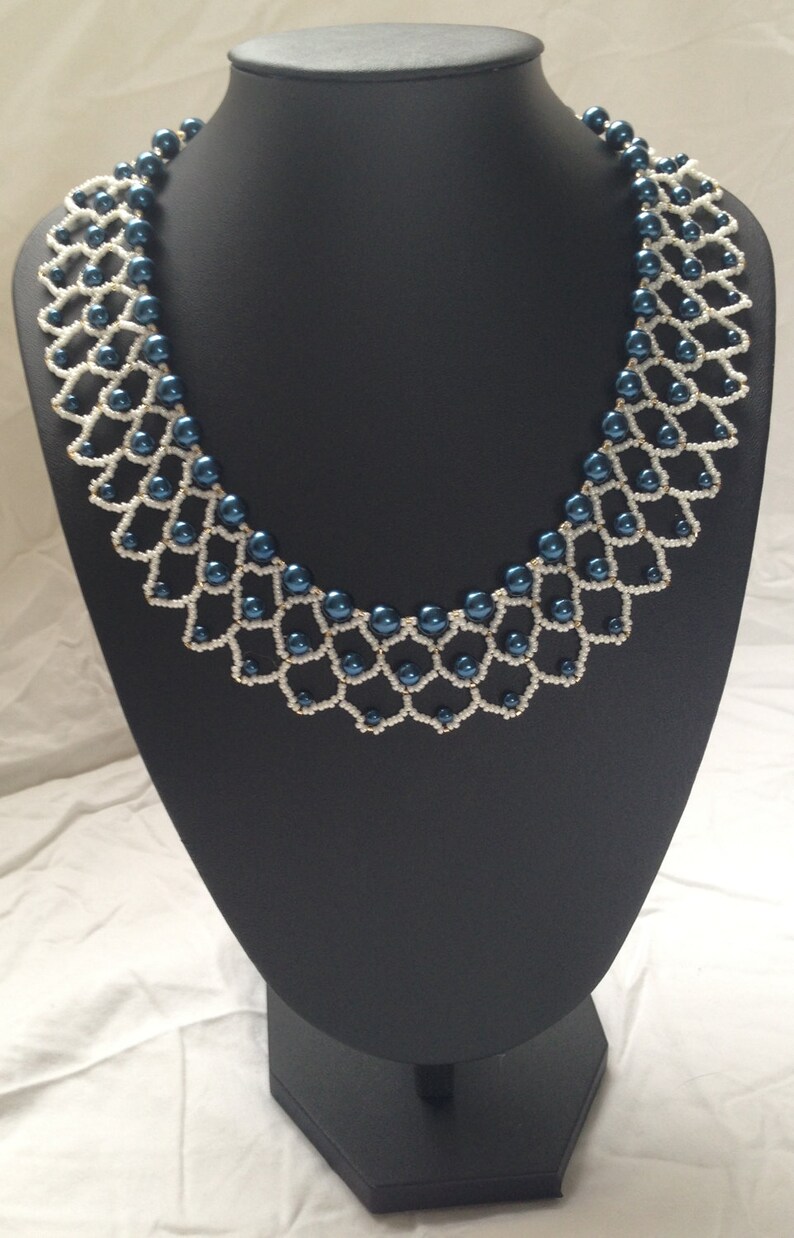 Beaded Necklace Pearls Seed Beads Midnight Blue Pearls White Etsy UK