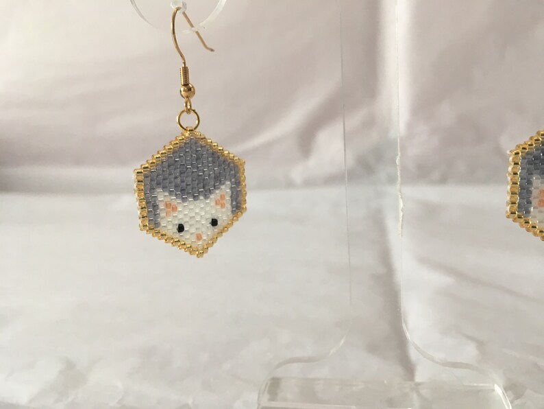 Beaded Earrings Cat Earrings Hexagon Shaped Earrings White Cat Etsy