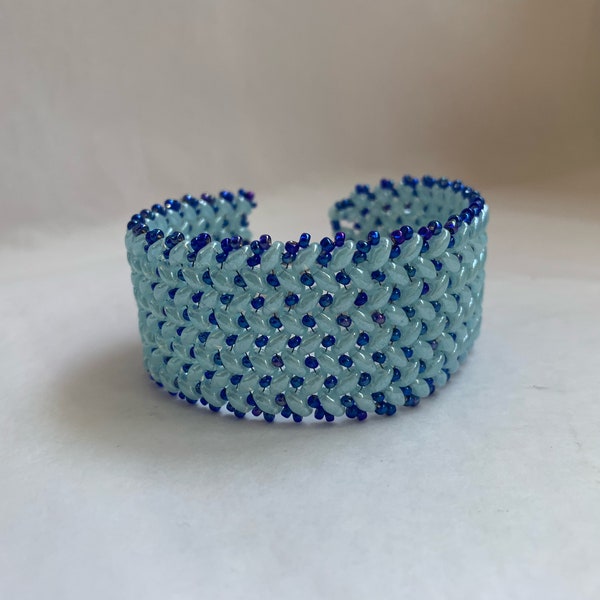beaded bracelet blue beaded bracelet wide bracelet pale blue superduo beads blue seed beads herringbone pattern cuff bracelet blue
