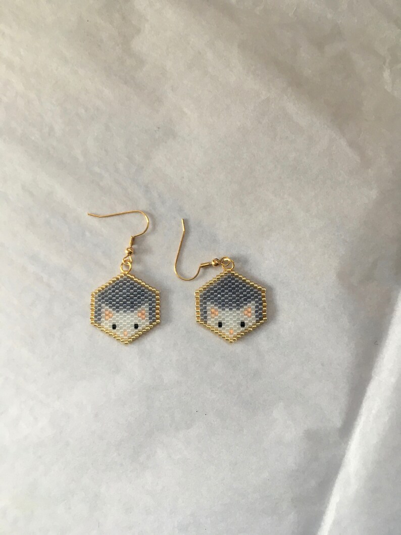 Beaded Earrings Cat Earrings Hexagon Shaped Earrings White Cat Etsy
