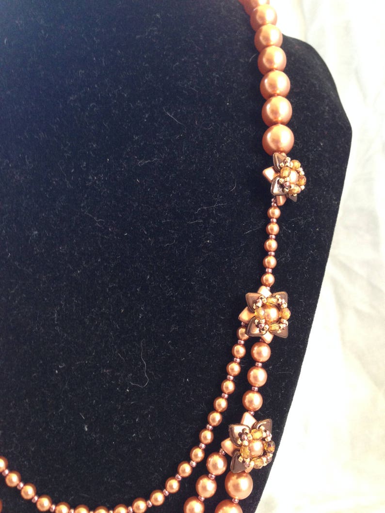 Beaded Necklace Pearls and Beaded Flowers Bronze Coloured Etsy UK