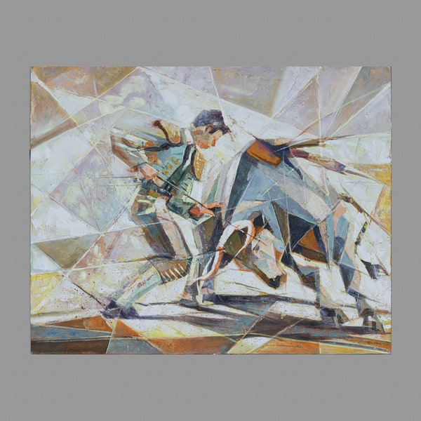 Soft Pastel Bullfight Painting: Modern Cubist Style, Dynamic Torero Scene, Authentic Oil on Canvas, EcoFriendly Materials, Free Shipping