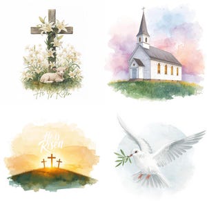May include: Watercolour illustrations with Easter themes. Includes a wooden cross with lilies, a lamb, and the text "He Is Risen." Also, a white church on a hill, a sunrise with three crosses, and a dove with an olive branch.