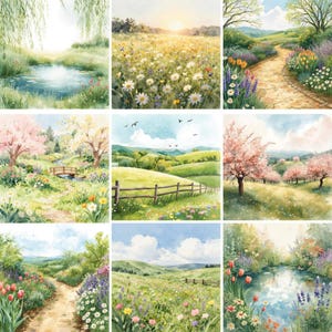 May include: Nine watercolour paintings showcasing tranquil landscapes. Each scene features vibrant colours, including lush greenery, blooming flowers, and clear skies. The artwork depicts various natural settings, such as fields, gardens, and pathways, evoking a sense of peace.