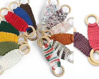 Crocheted Hanging Towel Holders – Handmade with Cotton Yarn and Wooden Rings - Two new colors! Smaller size rings for a tighter hold.