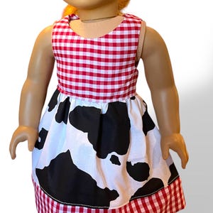 Cow print dress for 18&quot; dolls. Will fit American girl dolls.//18&quot; doll dress/18 inch doll clothes