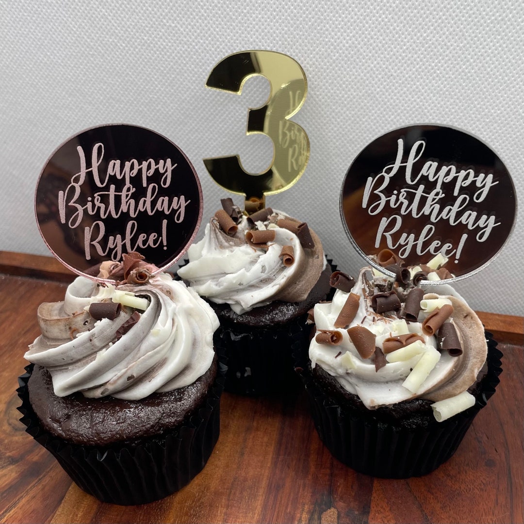 Custom Shape Engraved Cupcake Toppers Personalised Mirror / Iridescent