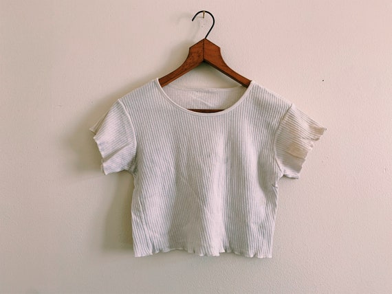 Vintage White Ribbed Crop Top - Worn, Distressed,