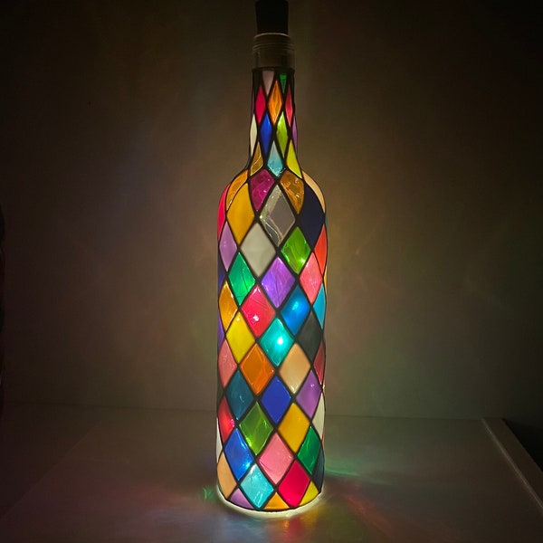 Large Varnished Stained Glass Inspired Bottle Light / Rainbow Diamond Argyle Pattern / Hand-painted Unique Glass Nightlight / Holiday Decor