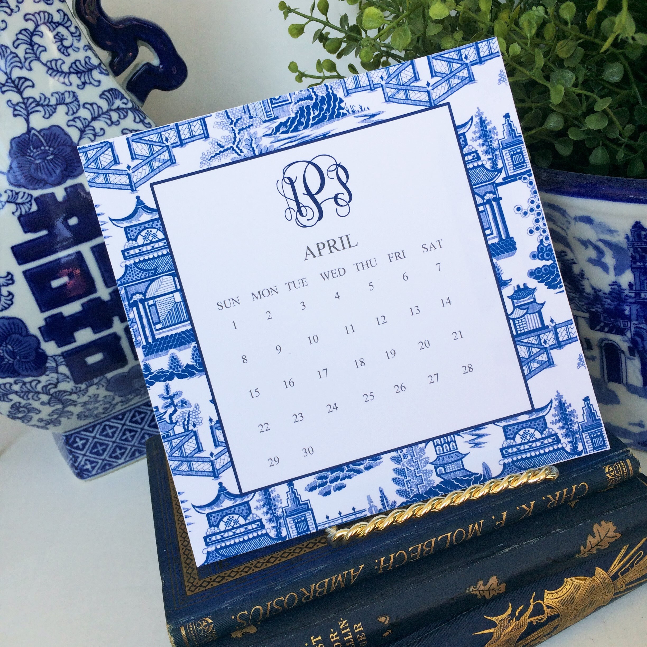 12 Month Blue Chinoiserie Calendar and Stand Start ANY Month | Etsy