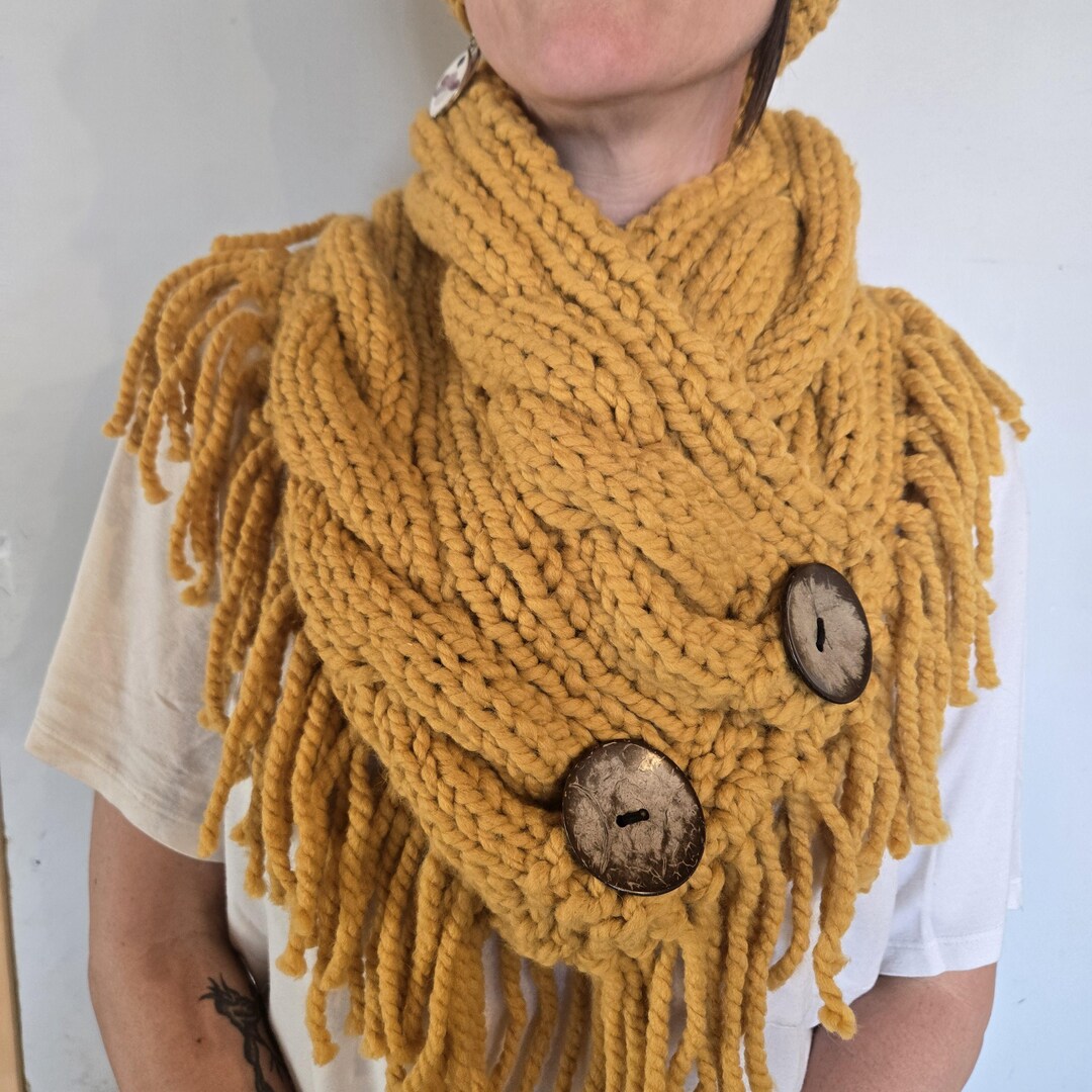 Chunky Mustard Yellow Knit Cowl Scarf, Wool Ease Yarn, Button Detail - Etsy