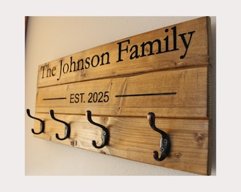 Personalized Family Name Coat Rack with Hooks – Carved Wood Entryway Decor – Last Name & Est Date – Housewarming Gift