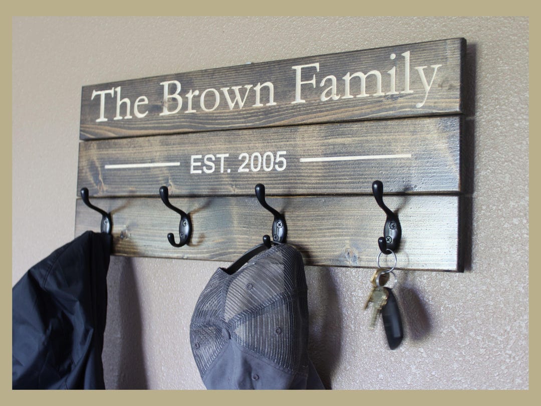 Personalized Family Name Coat Rack With Hooks – Carved Wood Entryway ...