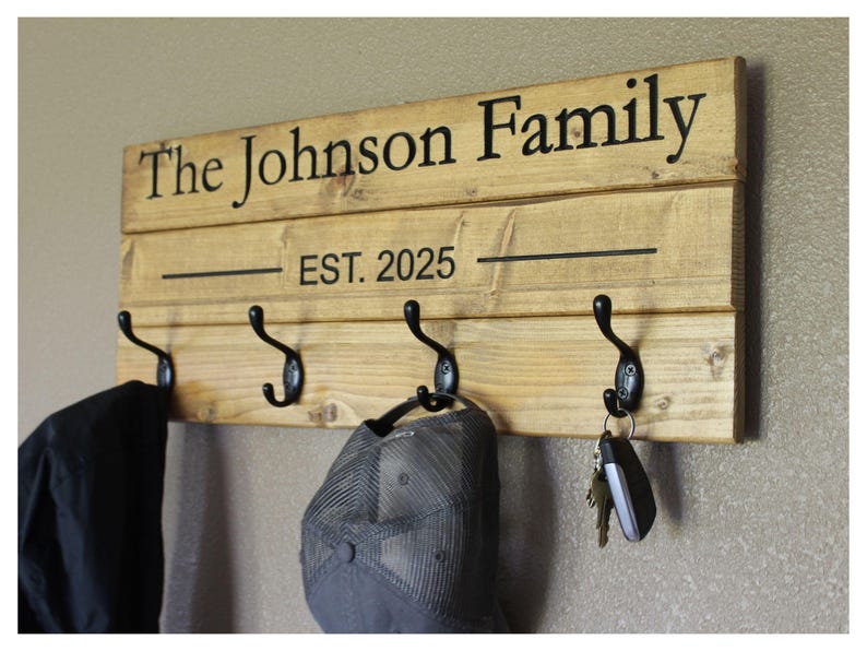 Personalized Family Name Coat Rack With Hooks – Carved Wood Entryway ...