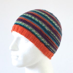 Hand Knit  Pure Wool Beanie. Hand Knitted Beanie.  100% Wool Beanie. Stripy Beanie. Unisex Beanie Hat. Pure Wool Hat.