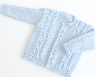 Hand Knit Blue Baby Cardigan. Hand Knitted Cabled Baby Cardigan. Baby Cardigan. Baby Jacket. 0-3 and 3-6 Month Baby Cardigan.