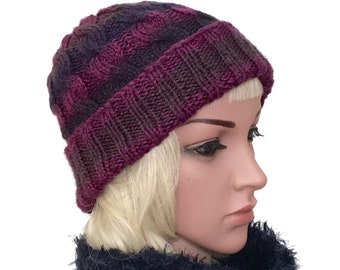 Hand Knitted Fold Up Brim Hat. Hand Knit Striped Purple Cable Hat.