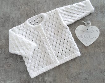 Hand Knitted White Baby Cardigan.  Lacy White Baby Cardigan. White Eyelet Lace Baby Cardigan. 0-12 Month Baby Cardigans. New Baby Present.