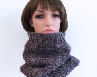 Hand Knit Wool & Mohair Chunky Purple Cowl. Knitted Oversized Neck Warmer. Rowan Cocoon Loop Scarf.